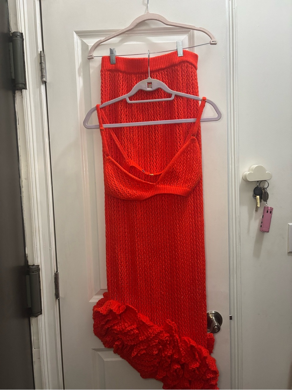 Hanifa Reddish Orange Knit Pencil Skirt with Ruffle Hem - Picture 2 of 8